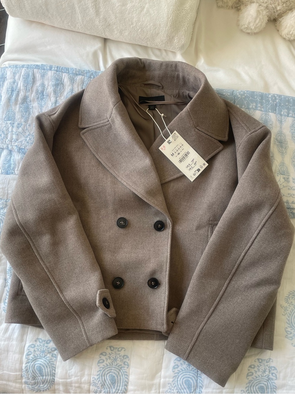 NWT Zara Taupe Double-Breasted Pea Coat